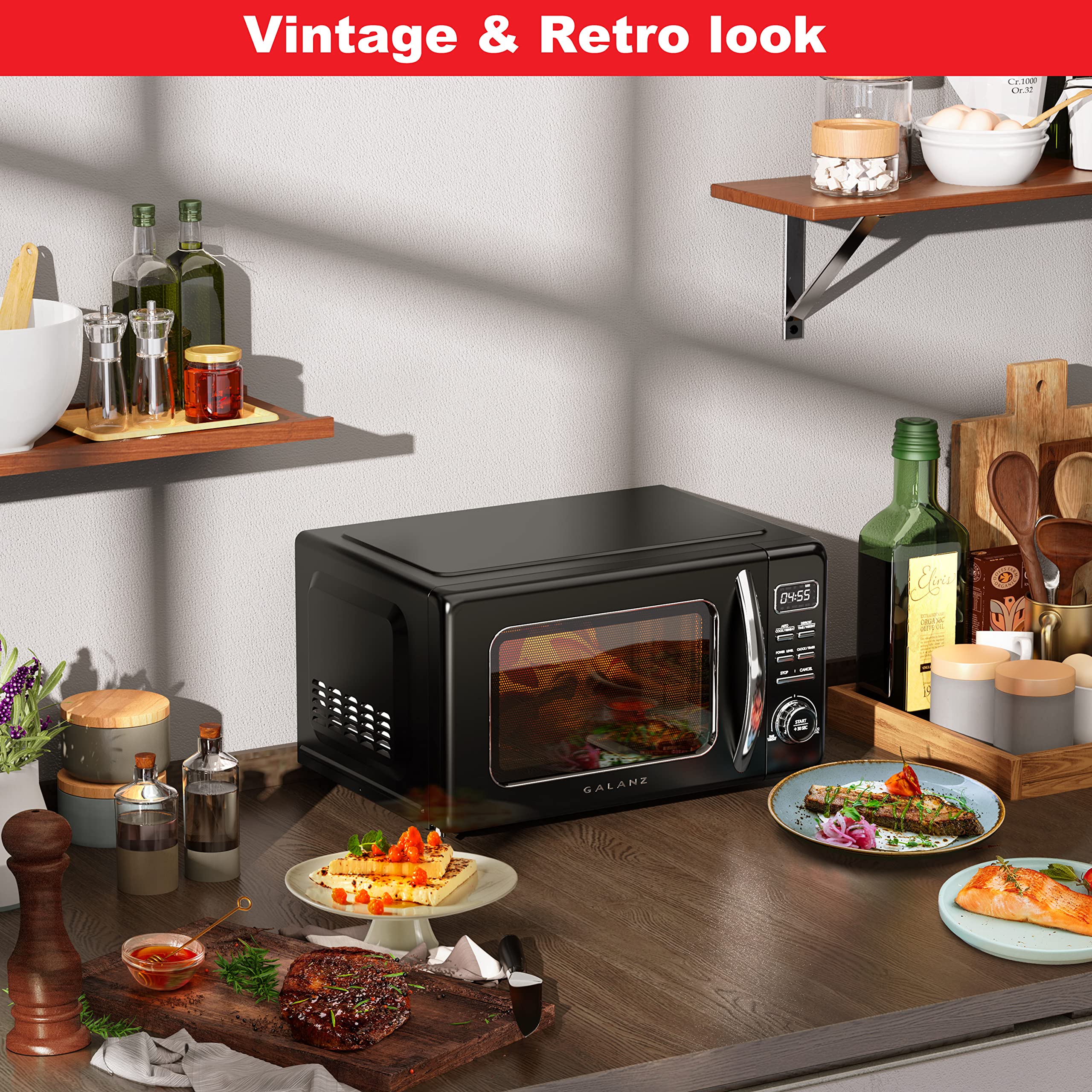 Galanz Glcmkz09Bkr09 Retro Countertop Microwave Oven With Auto Cook & Reheat, Defrost, Quick Start Functions, Easy Clean With Gl